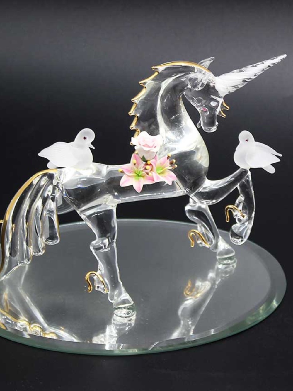 Glass Baron Unicorn Glass Figurine Doves Flowers Gold Accents Mirrored Base